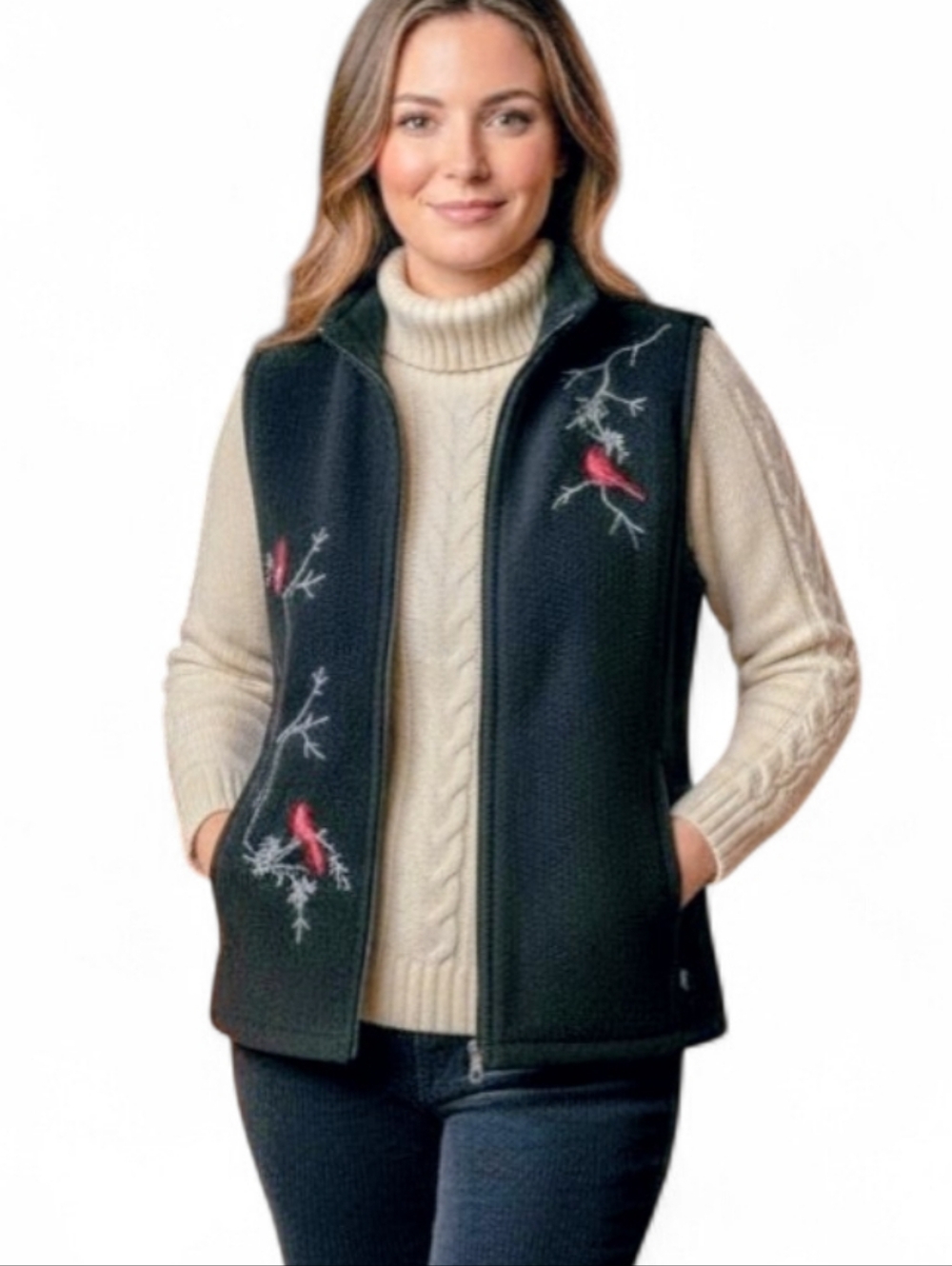 Northern Traditions Cardinal Fleece Vest Black Embroidered Size M